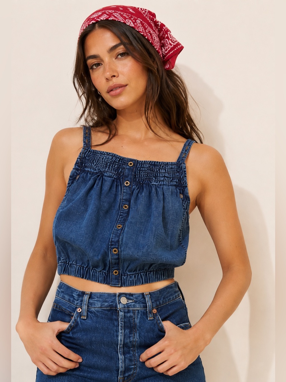 Anthropologie Pilcro Chambray Button Front Bubble Hem Top Small Western Boho